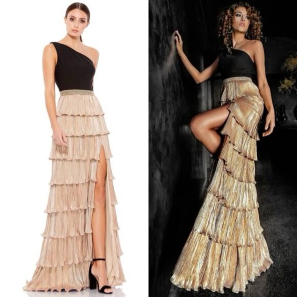 Mac Duggal Ieena One Shoulder Tiered Pleated Gown Black Gold Size 0 NWT - Picture 2 of 14